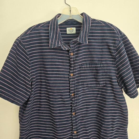 Marine Layer Short Sleeve Mini Stripe Shirt Button Front Casual Navy Men Large - Picture 3 of 8